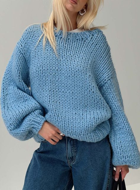 Sweater Cable knit material, round neckline, drop shoulders, baloon sleeves, oversized fitting Good stretch, unlined 100% acrylic Cold hand wash Cute Chunky Sweaters, Chunky Sweater Aesthetic, Chunky Knit Sweater Cardigan, Crochet Sweater Blue, Chunky Knitted Sweaters, Cute Fall Sweaters, Light Blue Knit Sweater, Chunky Sweater Outfit, Blue Sweater Outfit