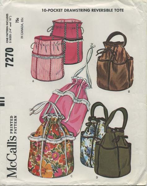 Vintage Sewing Pattern for 10 Pocket Drawstring Reversible Tote | McCall's 7270 | Year 1964 | Pattern includes 2 sizes: 14" and 18" 1960s Handbags, Vintage Bag Pattern, Handbags Vintage, Crafts Sewing Patterns, Reversible Tote, Vintage Purses, Mccalls Patterns, Tote Pattern, Vintage Crafts