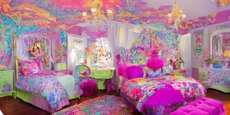 a cozy bedroom decorated by Lisa Frank, detailed, high | Stable Diffusion Lisa Frank Crochet, Lisa Frank Bedroom, Band Room, Girls Room Design, Superhero Room, Lisa Frank, Girls Room, Cozy Bedroom, Kids Decor