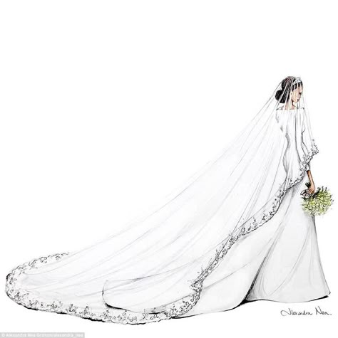 Meghan's stunning $350,000 Givenchy gown made by British designer Clare Waight Keller was replicated in the sketches, complete with the bateau neckline, simple A-line silhouette and three quarter sleeves Alexandra Nea, Royal Family Weddings, Meghan Style, Harry And Meghan Wedding, Drawn Portraits, Harry Wedding, Wedding Drawing, Wedding Dress Sketches, Prins Harry