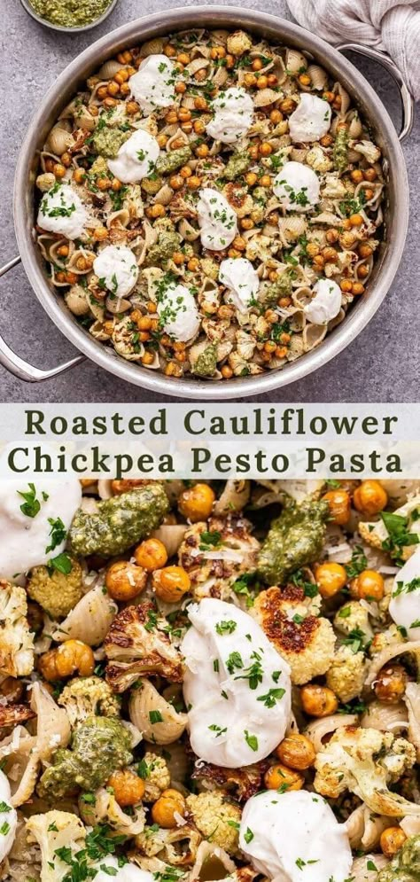 Cauliflower Pesto Pasta, Crispy Roasted Cauliflower With Creamy Pesto Pasta, Cauliflower Meal Ideas, Ricotta Cauliflower Recipes, Rigatoni Pasta Recipes Vegetarian, Chickpea Skillet Recipes, Pesto Chickpea Pasta, Pesto Chickpea Salad, Chickpea And Cauliflower Recipes