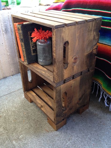 This is the cutest hand built crate night stand! These are super popular at our local Hollywood market. Perfect for simple nightstands or end tables. These are hand built and stained crates put together with elevated feet. Please convo me for custom sizes and/or finishes. Finish shown in pic is Provincial. Entire shelf measures 24 tall, 16 wide and 11 3/4 deep. Each crate opening (shelf space) measures 10x14 1/4. Shipping times shown are 1-2 weeks. Shipping within Continental U... Crate End Table, Bedroom Things, Wooden Shipping Crates, Simple Nightstand, Crate End Tables, Crate Coffee Table, Crate Table, Crate Diy, Shipping Crates