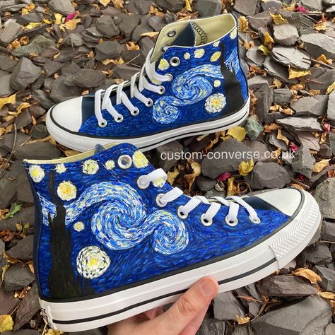 Van Gogh’s Starry Night in Converse form. 💙 #converse #customconverse #chucks #chucktaylor #allstar #kicks #sneakers #customshoes #customtrainers #trainers #shoes #personalised #customsneakers #handpainted @converse #vangogh #starrynight #vangoghstarrynight #trainers #art #artist Starry Night Converse, Starry Night Shoes, Converse Diy Painted, Starry Night Crochet, Personalised Converse, Star Crochet Bag, Crochet Bag Diy, Vangogh Starrynight, Crochet Bag Tutorial