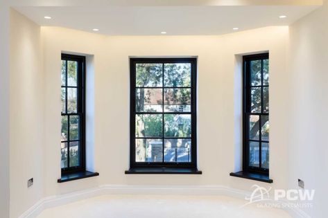 Black Industrial Windows, Double Glazing Windows, Modern Sash Windows, Black Double Glazed Windows, Double Glazing Ideas, 4 Over 4 Windows Exterior, Black Internal Windows, Black Sash Windows Exterior, Black Window Casings Interior