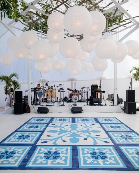 Dance Floor Design, Custom Dance Floor, Blue And White Dance Floor, Italian Wedding Dance Floor, Beach Wedding Reception Dance Floor, Mediterranean Blue Wedding Theme, Dance Floor On Beach, Hispanic Wedding, Wedding Reception Dance Floor