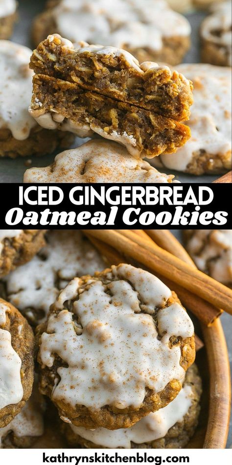 Iced Gingerbread Oatmeal Cookies Delicious Gingerbread Cookies, Christmas Cookies With Oatmeal, Soft Chewy Gingerbread Cookies, Oatmeal Gingerbread Cookies, Gingerbread Oatmeal Cookies Recipe, Christmas Oatmeal Cookies, Gingerbread Oatmeal Cream Pies, Iced Gingerbread Oatmeal Cookies, Iced Oatmeal Gingerbread Cookies