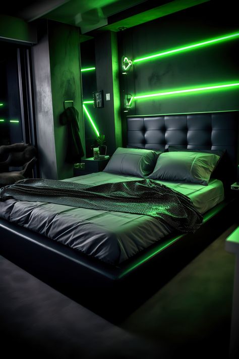 This neon bedroom showcases a modern industrial glow with gray tones and vivid green neon lights. The raw, edgy decor and sleek furniture create a contemporary and bold atmosphere. Neon Green Bedroom Ideas, Neon Boys Room, Tech Bedroom Ideas, Green Led Lights Bedroom, Neon Green Room, Neon Green Bedroom, Grey Teen Bedroom, Aesthetic Boys Bedroom, Grey Themed Bedroom