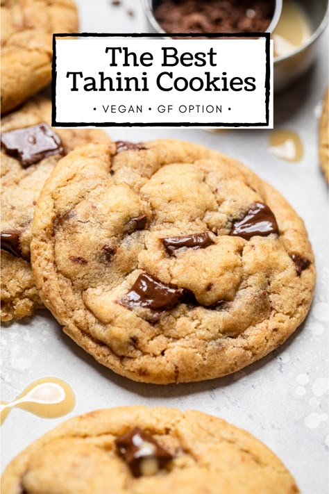 vegan tahini cookies Vegan Tahini Chocolate Chip Cookies, Tahini Cookies Vegan, Vegan Tahini Cookies, Tahini Baking, Veg Desserts, Tahini Chocolate Chip Cookies, Vegan Board, Eggless Cookie, Tahini Chocolate