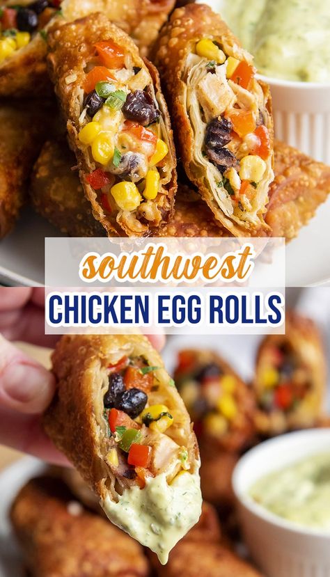 These Southwest Chicken Egg Rolls are loaded with flavorful chicken, corn, black beans, bell peppers and more - giving them delicious southwest flavors wrapped in a crispy egg roll wrapper in every bite! Southwest Egg Rolls, Egg Roll Recipe, Telur Gulung, Chicken Egg Rolls, Southwest Chicken, Egg Roll Recipes, Roll Recipe, Egg Roll, Chicken Dishes Recipes