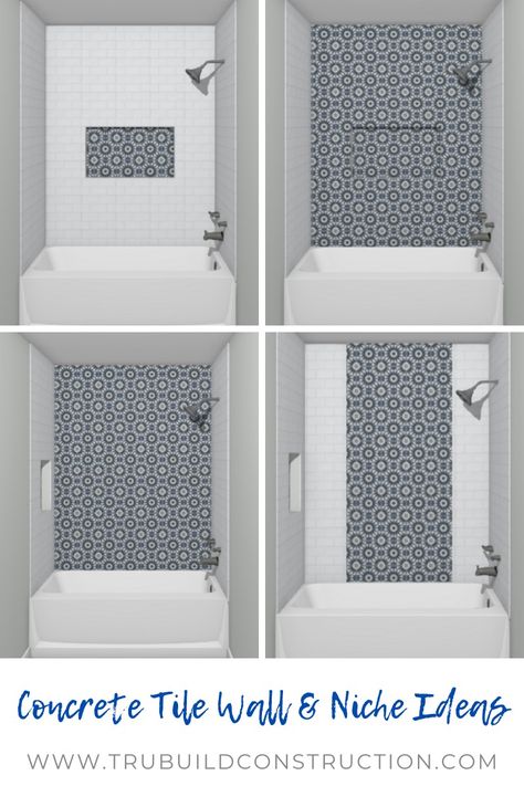 Patterned Tile Tub Surround, Tile Surround Bathtub Ideas, Bathtub Alcove Tile Ideas, Tiles Above Bathtub, Tub Surround Ideas Tile, Built In Bathtub Tub Surround Tile, Tile Ideas For Tub Shower Combo, Alcove Tub Shower Tile Ideas, Tub Surround Tile Designs