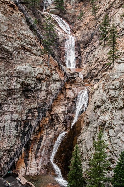 The amazing Seven Falls and the steep stairs that lead to the top Seven Falls Colorado Springs, Colorado Road Trip Itinerary, Steep Stairs, South Dakota Road Trip, Colorado Road Trip, Seven Falls, Colorado National Monument, Trip To Colorado, Royal Gorge