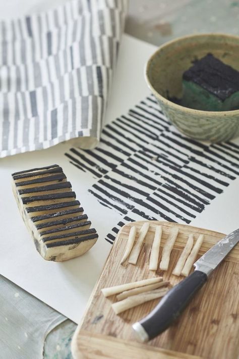 Potato print by Flora Arbuthnott – creating the ‘Hand Printed Stripe’ design. Vanessa Arbuthnott, Potato Stamp, Potato Print, Fabric Crafts Diy, Handmade Stamps, Fabric Stamping, Diy Stamp, Stamp Making, Diy Pattern