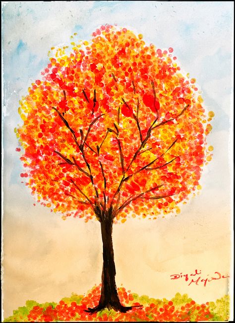 Jesen Crteži, How To Paint Leaves On A Tree, Fall Tree Painting Easy, Autumn Season Drawing, Autumn Tree Drawing, Leaf Pressing, Kanvas Art, Minimalist Cat Art, Autumn Art Ideas