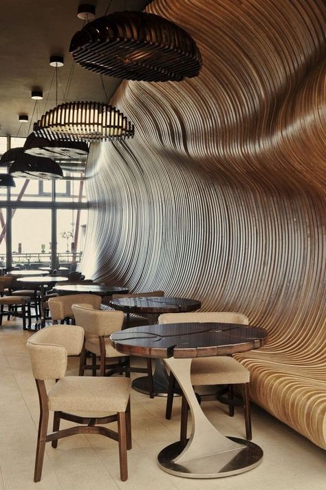 I have no clue where this is but I love the wood and the curves of the design.. Original, love.. Aesthetic Interior Design, Office Architecture, Interior Design Per La Casa, Interior Vintage, Coffee Shops Interior, Futuristic Furniture, Cafe House, Shop Window Design, Wooden Design