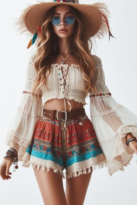 Cute Boho Outfits, Bohemian Costume, Tops And Shorts, Bohemian Style Clothing, Stil Boho, Estilo Hippie, Boho Style Outfits, Retro Tops, Boho Chic Outfits