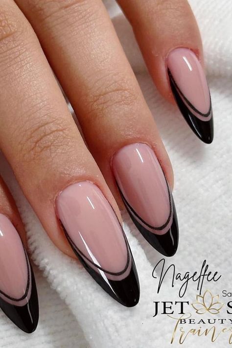 Trendy Black Nails, Black And Nude Nails, Oval Acrylic Nails, Nails With Black, Black French Nails, Wow Nails, Formal Nails, Nude Nail Designs, Work Nails