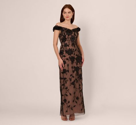 Off The Shoulder Beaded Column Gown With Rosette Accents In Black Rose Banquet Outfit, Floral Beaded Dress, Lace Clutch, Casual Dresses Plus Size, Ball Skirt, Sheer Knit, Column Skirt, Formal Dress Shops, Knit Mesh