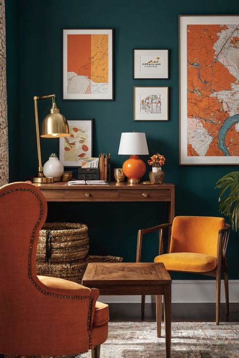 home decor interior design, interior bedroom design, kitchen designs, living room interior Yellow Office Design, Burnt Orange Office, Orange Office Design, Blue Office Design, Yellow Home Office, Home Office Interior Design Ideas, Spare Room Decor, Colourful Office, Podcast Room