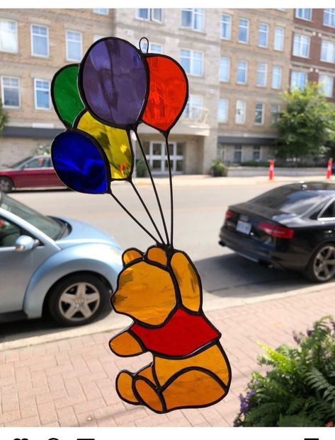 Stained Glass Winnie The Pooh, Stained Glass Balloons, Nursery Stained Glass Ideas, Stained Glass For Nursery, Winnie The Pooh Stained Glass Pattern, Stained Glass Baby Gifts, Cute Stained Glass Patterns, Disney Stained Glass Patterns, Disney Stained Glass Art