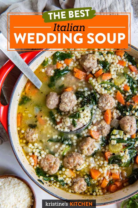 This Italian Wedding Soup has tiny meatballs, veggies and pasta in a flavorful broth. It's a hearty, comforting meal that the whole family will love. Ina Garden Italian Wedding Soup, Skinnytaste Italian Wedding Soup, Quick Italian Wedding Soup, Dairy Free Italian Wedding Soup, Ww Wedding Soup, Traditional Italian Wedding Soup, Soup Recipes Italian Wedding, Ww Italian Wedding Soup, Spicy Italian Wedding Soup