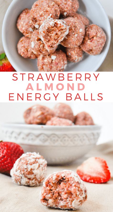 These strawberry almond energy balls are jam packed with healthy ingredients, and they only take 5 ingredients and 5 minutes to make. #energyballs #strawberryrecipes #strawberryalmond #energybites #vegandessert #summerrecipes #mealprep Almond Energy Balls, Whole Food Desserts, Vegan Kids Recipes, Strawberry Almond, Energy Ball Recipe, Baked Strawberries, Makanan Diet, Protein Ball, Energy Balls