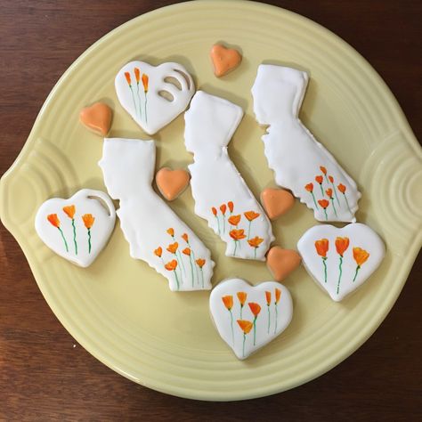 California poppy sugar cookies California Cookies Decorated, California Cookies, Flower Party Themes, Floral Cookies, Icing Ideas, Party Food Themes, Baking Art, Riverside California, Flower Theme