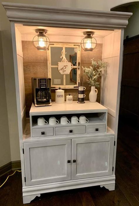 Armoire Coffee Bar Farmhouse, Armoire Coffee Bar Ideas, Coffee Vibes Aesthetic, Coffee Bar Decorations, Kitchen Counter Coffee Bar, Armoire Coffee Bar, Coffee Bar In Kitchen, Counter Coffee Bar, Bar In Kitchen