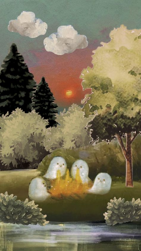 #ghosts #ghostaesthetic #fyp #artcollage #art #painting #campfire #goblincore #cottagecore #sunset #vintage Painting Campfire, Ghost Painting, Goblin Core, Campfire, Collage Art, Ghost, Art Painting, Paintings, Pins