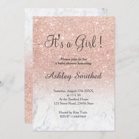 Rose gold glitter white marble girl baby shower - Popular Zazzle Product! Best choice, tags : #invitations, #tshirt, #card, #InvitationsCard, #legging, #trending, #holiday Bas Mitzvah, Pink Bat Mitzvah, Blush Pink Baby Shower, Glitter Baby Shower, Elegant Baby Shower, Bat Mitzvah Invitations, Baby Shower Invites For Girl, Rose Gold Glitter, Elegant Invitations