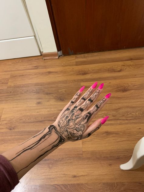 Skeleton drawing drawing Skeleton Mouth Hand Tattoo, Skeleton Drawing On Hand, Skeleton Drawn On Hand, Drawing On Hand, Hand Tatto, Skeleton Drawing, Wrist Tattoo Ideas, Women Skeleton, Cute Hand Tattoos