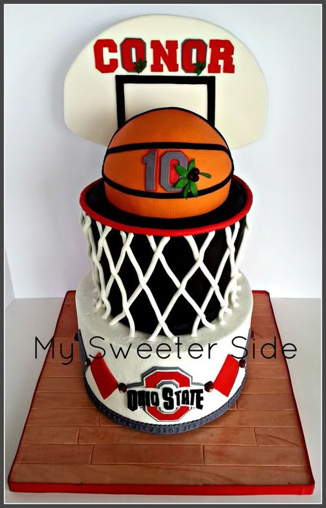 The bottom tier is covered in buttercream with fondant decorations.  The top tier and basketball are covered in fondant. Basketball Cakes, Sports Cake, Sports Themed Cakes, Sports Cakes, Basketball Cake, Buttercream Fondant, Basketball Birthday Parties, Sport Cakes, Basketball Theme