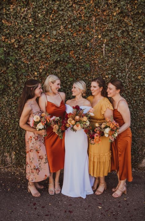 Bridesmaid Dress Color Schemes, Mismatched Bridesmaids Dresses, Sugar Spice And Everything Nice, Neutral Bridesmaid Dresses, Orange Bridesmaid, Fall Bridesmaids, Vintage Bridesmaids, Bridesmaids Dress Inspiration, Floral Bridesmaid Dresses