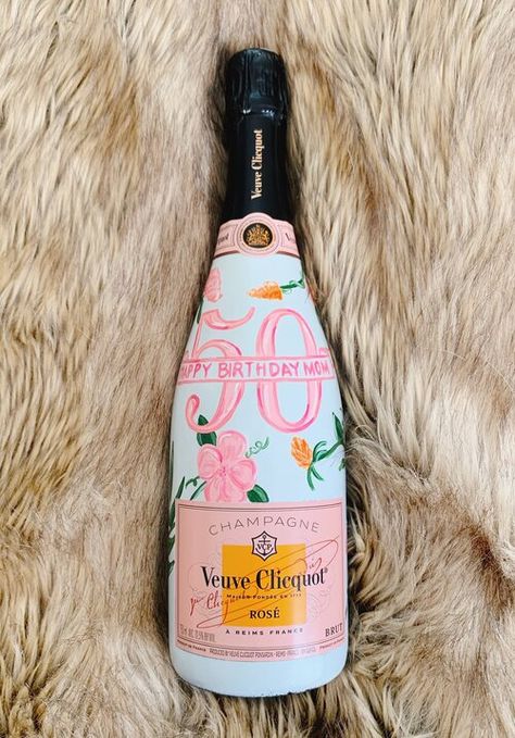 Painted 21st Bottle, Painted Bottle Birthday, 21st Birthday Painted Bottle, Birthday Painted Wine Bottle, Vueve Champagne Decor, How To Paint Wine Bottles, How To Paint Champagne Bottles, Painted Champagne Bottle 21st Birthday, Painted Champagne Bottle Birthday