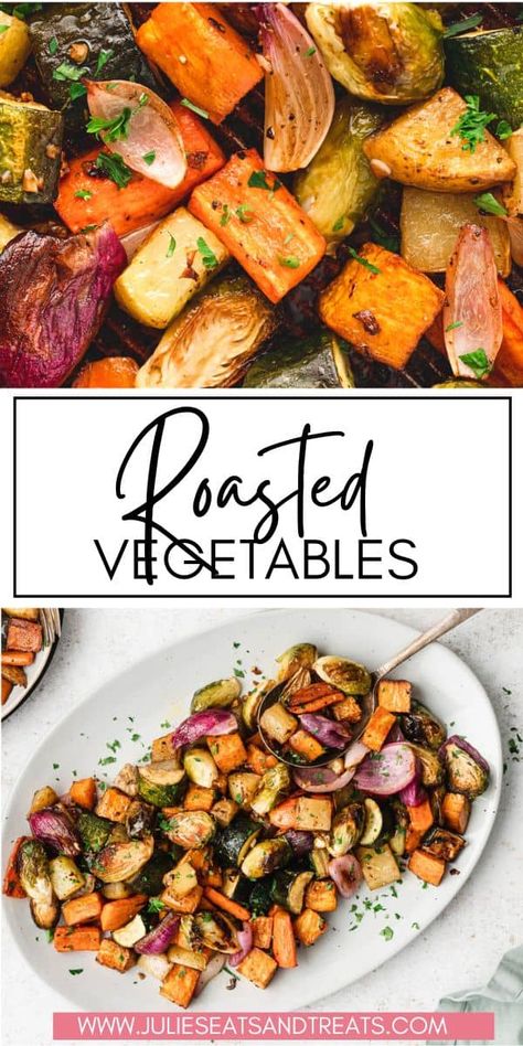 Dive into our scrumptious Easy Oven Roasted Vegetables! Bursting with flavor from onions, sweet potatoes, red onion, zucchini, and carrots, all beautifully roasted in a tangy balsamic drizzle. Perfect as a side or for meal prep - make them in bulk and enjoy all week long! Balsamic Sweet Potatoes, Roasted Potatoes And Onions, Oven Roasted Zucchini, Sprouting Sweet Potatoes, Oven Roasted Carrots, Roasted Veggies In Oven, Easy Roasted Vegetables, Balsamic Drizzle, Sweet Potato Side Dish