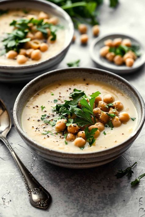 Garlic Chickpea Soup - The Daily Dish Chickpea Garlic Soup, Garlic Chickpea Soup, Garlic Chickpeas, Sugar Free Eating, Cream Based Soups, Vegan Bacon Bits, Vegan Potato Soup, Easy Vegan Soup, Chickpea Patties