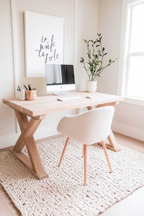 Minimalist Dream_home_office_decor (20) Home Office Organic Modern, Home Office For Small Spaces, Modern Coastal Office, Desk Office Ideas, Simple Office Ideas, Modern Boho Office, Simple Home Office Ideas, Shared Office Space Ideas, Home Office Decor Inspiration