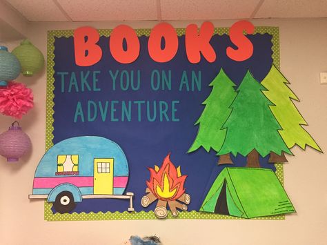 Camping Library Theme Camp Theme Book Fair, School Camping Theme Ideas, Camping School Theme Bulletin Boards, Camping Theme Library, Reading Week Themes, Adventure Begins At Your Library Decorations, Camping Reading Theme, Camp Out With A Good Book, Camping Adventure Classroom Theme