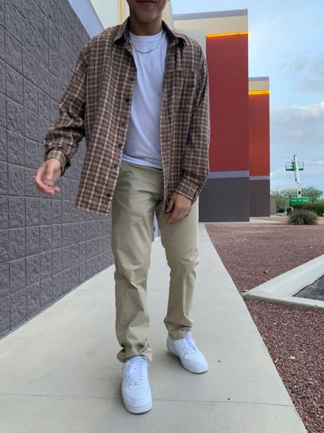 Current Male Fashion, Mens Clothing Styles Fall Casual, Men Outfit Inspo Casual, Neutral Aesthetic Outfits Men, Means Fashion, College Guy Outfits Casual Street Styles, Tan Flannel Outfit Men, Cute Guy Outfits Aesthetic, Men Simple Outfit