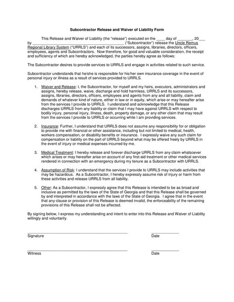 Subcontractor Release Of Liability Form - How to draft a Subcontractor Release Of Liability Form? Download this Subcontractor Release Of Liability Form template now! Liability Waiver, Uncle Remus, Application Cover Letter, Form Example, Meeting Agenda Template, Irs Forms, Tax Forms, Agenda Template, Form Template