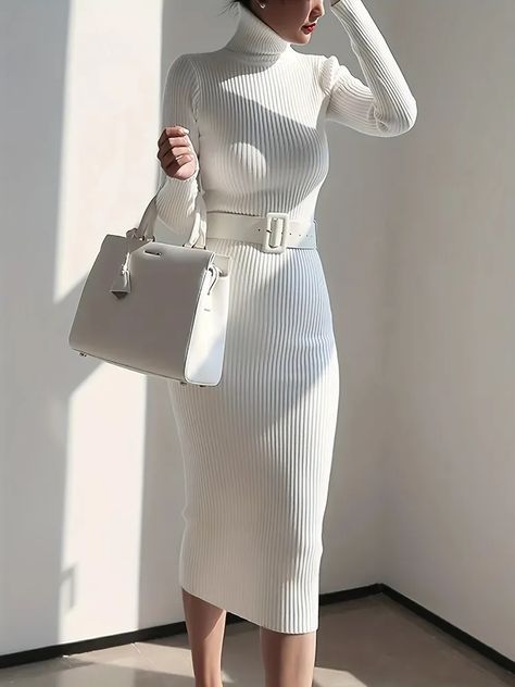 Dress With Sweater, Black Knitted Vest, Woolen Dress, White Knit Dress, Woolen Dresses, Sweater Fabric, Pullover Mode, White Bodycon, White Bodycon Dress