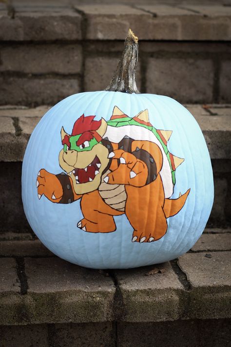 Bowser Painted Pumpkin Yoshi Pumpkin Painting, Bowser Pumpkin Painting, Bowser Pumpkin, Sonic Pumpkin, Mario Classroom, Mario Pumpkin, Pumkin Ideas, Mario Halloween, Creative Pumpkin Painting