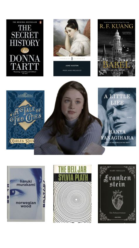 A rory gilmore reading summer! Rory Gilmore Books, Rory Gilmore Reading, Reading Summer, Reading Slump, Norwegian Wood, Donna Tartt, Mary Shelley, Recommended Books To Read, A Little Life