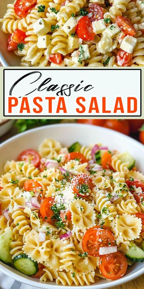 Nothing says summer like a Classic Pasta Salad! Crisp veggies, spiral pasta, and a flavorful dressing – this dish is always a hit at gatherings and BBQs. 🌞🍲 #PastaSalad #BBQReady #FamilyFavorites #SummerSalad Pasta Salad Feta, Simple Italian Dressing, Salad Feta, Feta Pasta Salad, Classic Pasta Salad, Spiral Pasta, Quick Weeknight Dinners, Italian Dressing, Easy Dishes