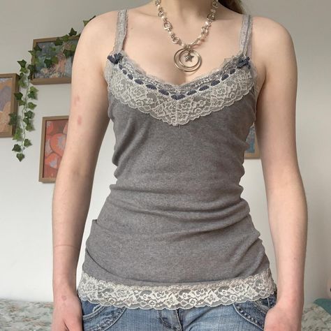 •vintage abercrombie & fitch grey lace cami top with... - Depop Tank Over Tee Outfit, Lace Cami Top Outfit, Camisole Top Outfit, Cami Top Outfit, Vintage Cami Top, Y2k Cami Top, Grey Lace Top, Moose Logo, Vintage Cami