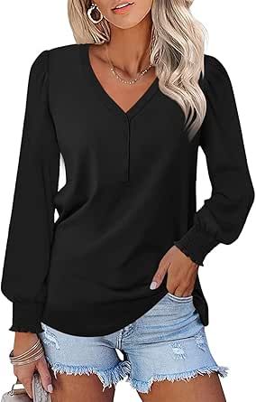 Womens Shirts Casual, Three Quarter Sleeve Shirt, V Neck T Shirts, Summer Tees, Loose Tunic, Fall Blouse, Work Blouses, Womens Clothes, Henley Top