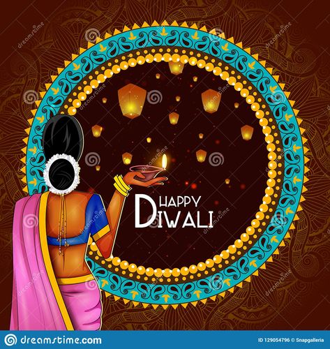 Illustration Of Lady Holding Decorated Diya For Happy Diwali Holiday Background Stock Vector - Illustration of dipavali, india: 129054796 Lady Holding Diya Rangoli, Lady Rangoli Designs Diwali, Diwali Padwa Rangoli, Lady Rangoli, Rangoli Painting, Mehendi Ideas, Diwali Holiday, Diya Decoration Ideas, Rangoli Designs For Competition