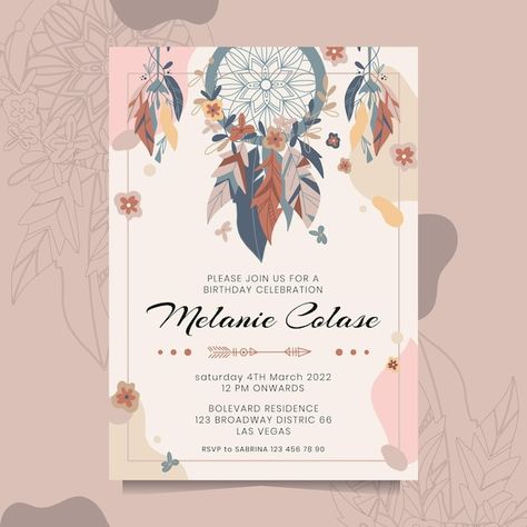 Free vector detailed boho birthday invit... | Free Vector #Freepik #freevector #dream-catcher #bohemian #boho-style #boho Bohemian Invitation, Bohemian Birthday, Bohemian Kids, Boho Birthday Party, Bohemian Party, Boho Invitations, Bday Invitations, Bohemian Theme, Boho Birthday