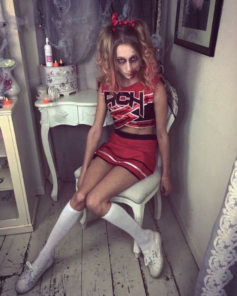 Scary cheerleader Halloween costumes for teens Zombie Cheerleader Costume Makeup, Creepy Cheerleader Costume, Cheerleader Makeup Ideas, Zombie Cheerleader Makeup, Cheerleader Zombie, Zombie Cheerleader Halloween, Cheerleader Makeup, Zombie Cheerleader Costume, Cheerleader Halloween