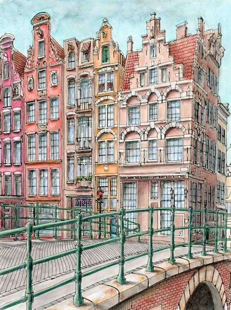 Fantastic Cities Coloring Book, Steve Mcdonald, Anatomy Coloring Book, Watercolor House Painting, Amsterdam Art, Amsterdam Houses, Watercolor Architecture, City Drawing, A Level Art