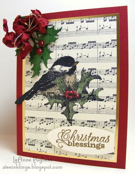 wee inklings - Christmas, Cornish Heritage Farms, Impression Obsession, Inspired By All the Little Things Christmas Chickadee, Cornish Heritage, Popup Cards, Sheet Music Crafts, Music Crafts, Bird Stamp, Impression Obsession, Christmas Blessings, Homemade Christmas Cards